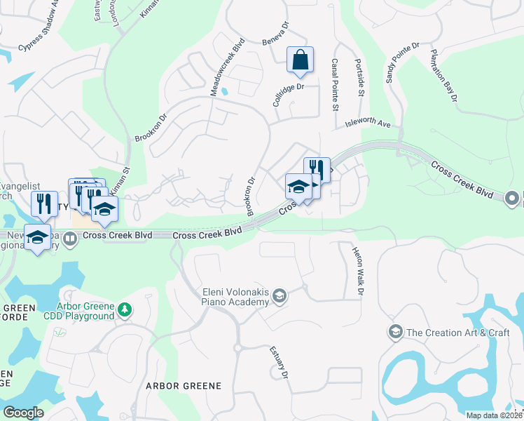 map of restaurants, bars, coffee shops, grocery stores, and more near 10698 Brookron Drive in Tampa