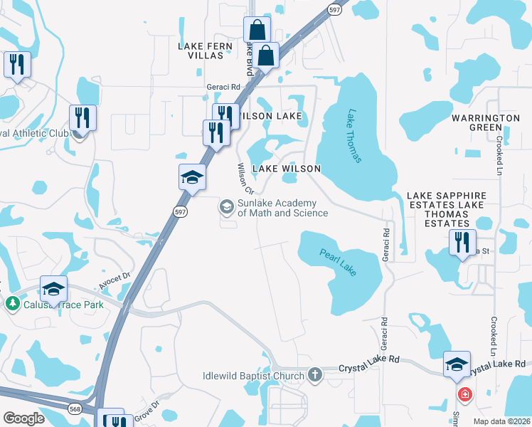 map of restaurants, bars, coffee shops, grocery stores, and more near 2702 Wilson Circle in Lutz