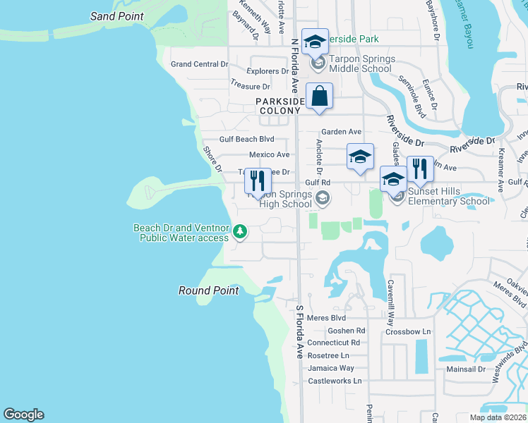 map of restaurants, bars, coffee shops, grocery stores, and more near 1439 Coburn Drive in Tarpon Springs