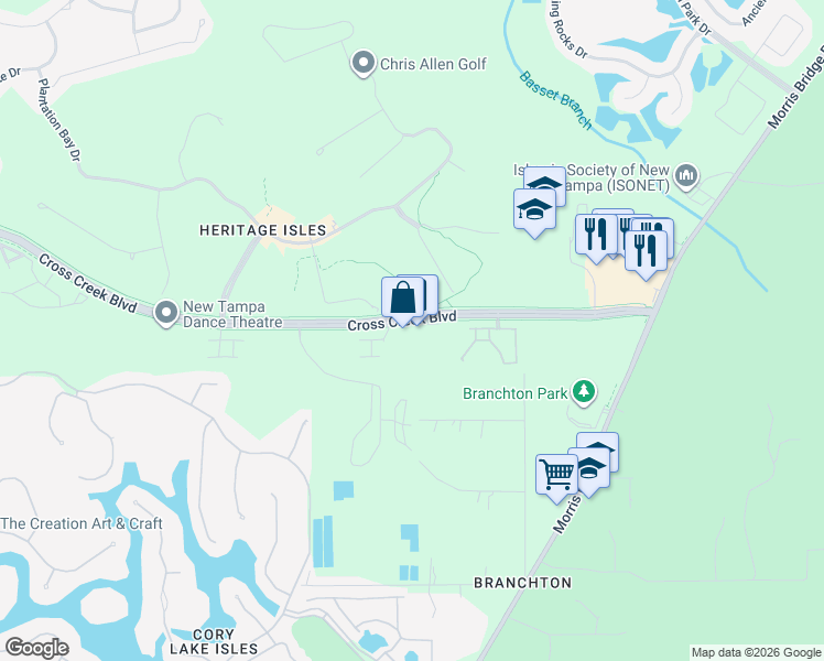map of restaurants, bars, coffee shops, grocery stores, and more near 10867 Cross Creek Boulevard in Tampa