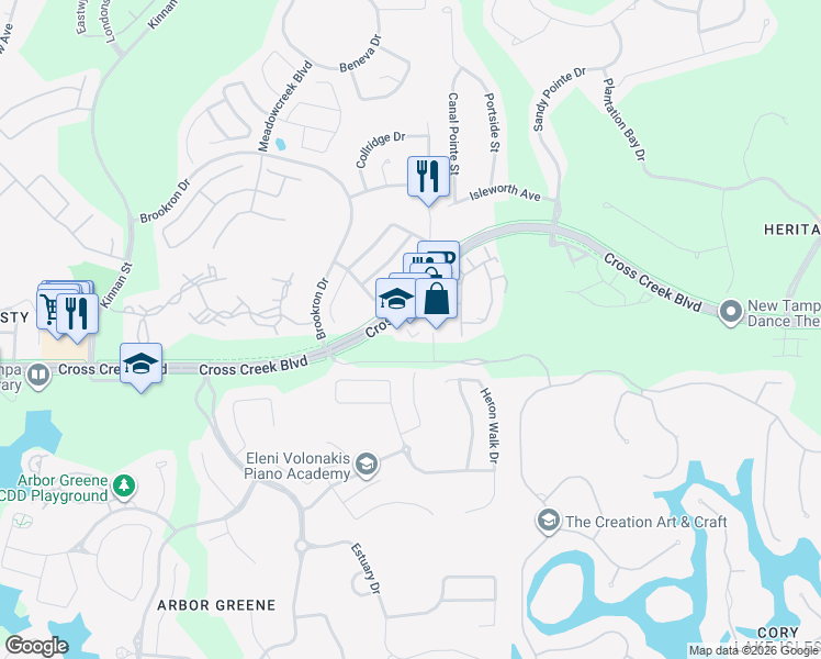 map of restaurants, bars, coffee shops, grocery stores, and more near 10301 Cross Creek Boulevard in Tampa