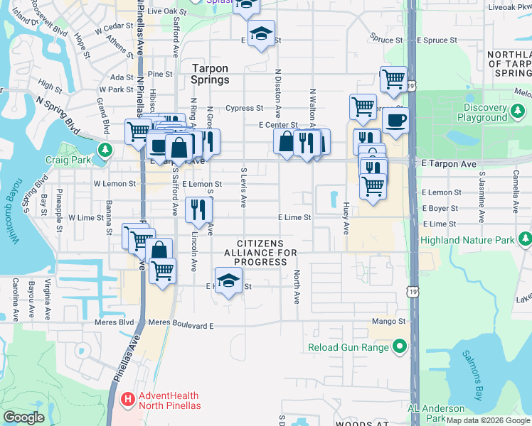 map of restaurants, bars, coffee shops, grocery stores, and more near 524 East Lime Street in Tarpon Springs