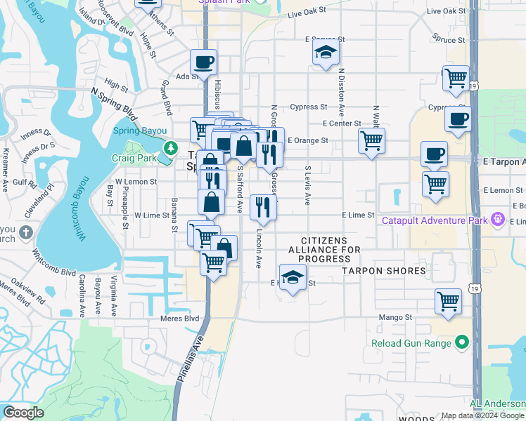 map of restaurants, bars, coffee shops, grocery stores, and more near 303 East Lime Street in Tarpon Springs