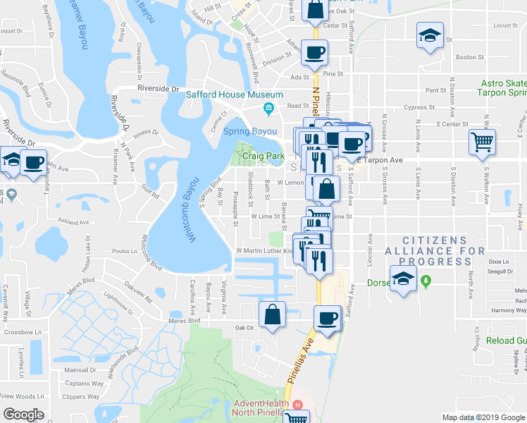 map of restaurants, bars, coffee shops, grocery stores, and more near 318 Bath Street in Tarpon Springs