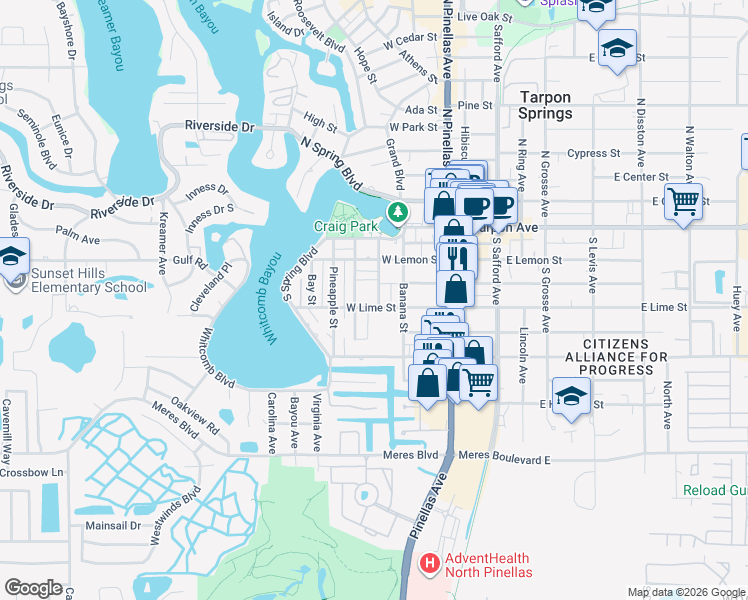 map of restaurants, bars, coffee shops, grocery stores, and more near 318 Bath Street in Tarpon Springs