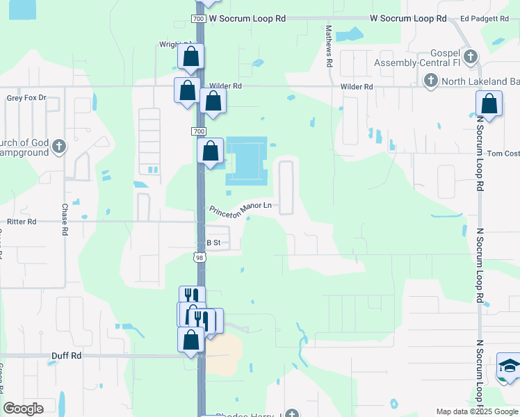 map of restaurants, bars, coffee shops, grocery stores, and more near 930 Princeton Manor Lane in Lakeland
