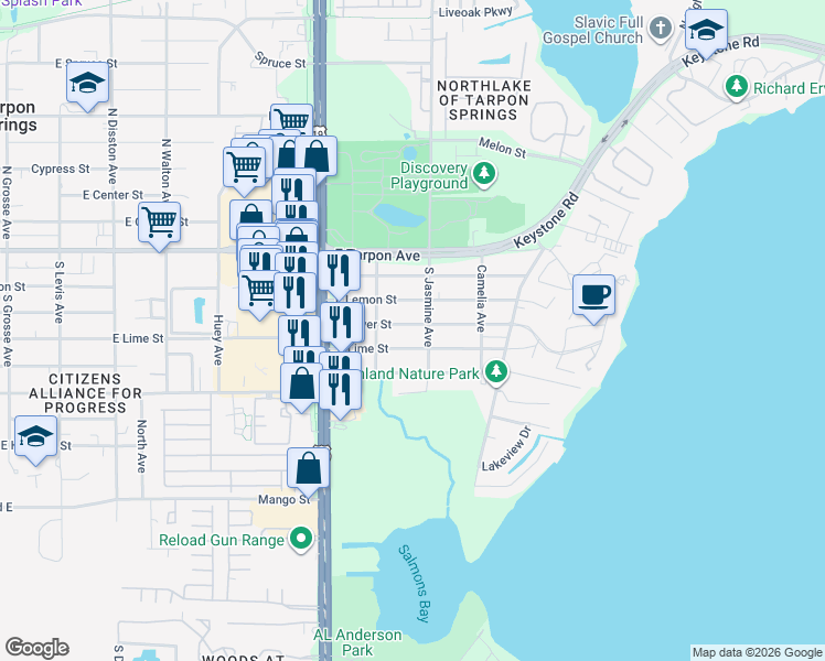 map of restaurants, bars, coffee shops, grocery stores, and more near 1116 East Boyer Street in Tarpon Springs