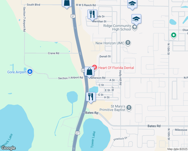 map of restaurants, bars, coffee shops, grocery stores, and more near 280 Patterson Road in Haines City