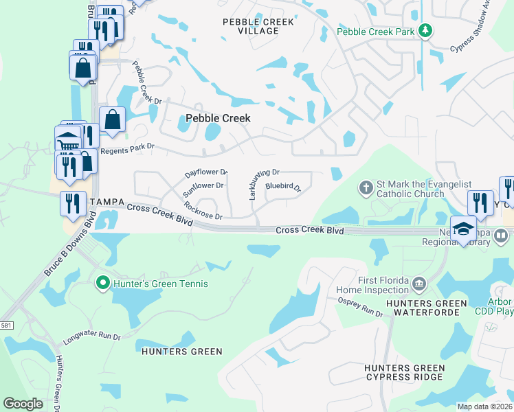 map of restaurants, bars, coffee shops, grocery stores, and more near 9401 Larkbunting Drive in Tampa