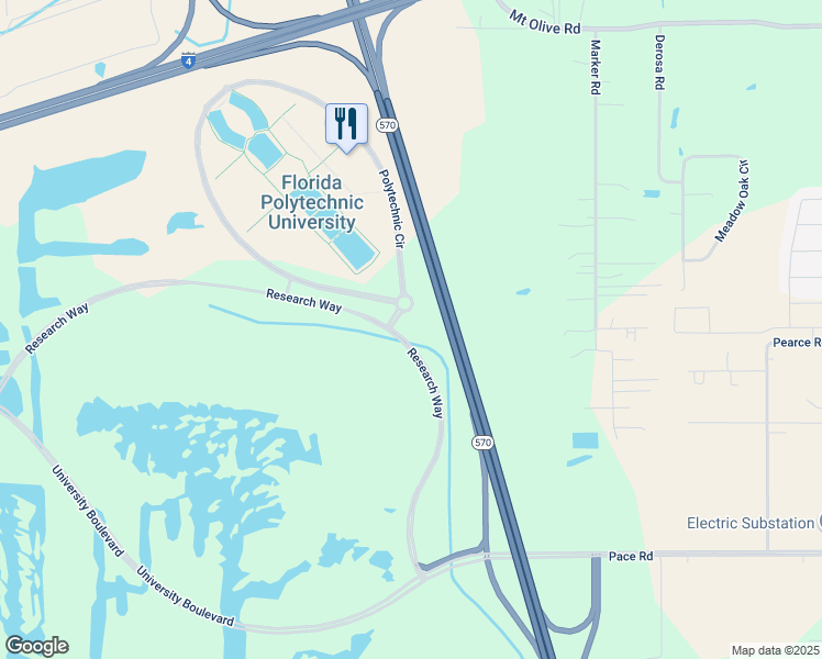 map of restaurants, bars, coffee shops, grocery stores, and more near Research Way in Polk City