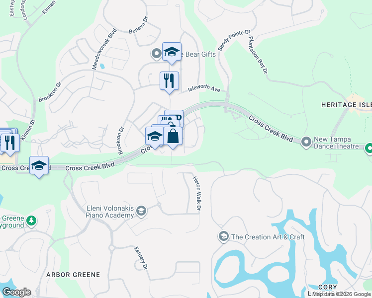 map of restaurants, bars, coffee shops, grocery stores, and more near 10791 Cross Creek Boulevard in Tampa