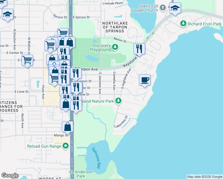 map of restaurants, bars, coffee shops, grocery stores, and more near 1223 East Lime Street in Tarpon Springs