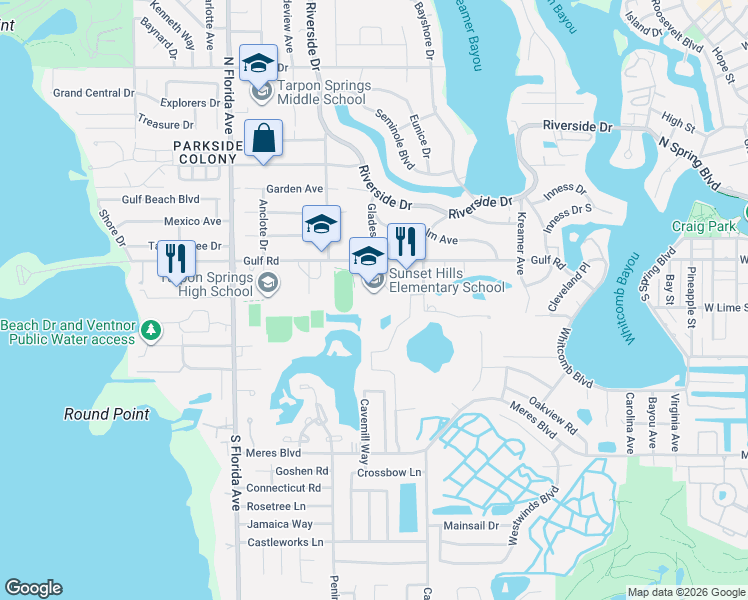 map of restaurants, bars, coffee shops, grocery stores, and more near 1343 Gulf Road in Tarpon Springs