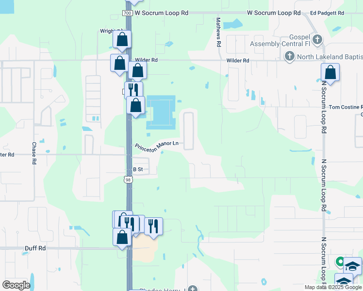 map of restaurants, bars, coffee shops, grocery stores, and more near 7805 Princeton Manor Circle in Lakeland