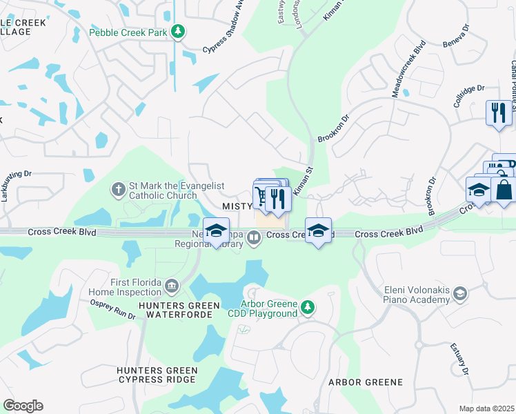 map of restaurants, bars, coffee shops, grocery stores, and more near 18013 Palm Breeze Drive in Tampa