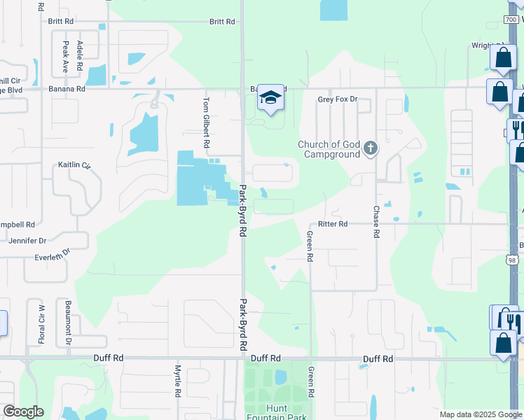 map of restaurants, bars, coffee shops, grocery stores, and more near 7925 Park-Byrd Road in Lakeland