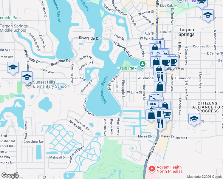 map of restaurants, bars, coffee shops, grocery stores, and more near 317 South Spring Boulevard in Tarpon Springs