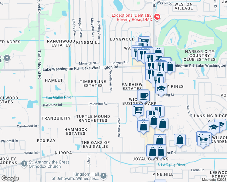 map of restaurants, bars, coffee shops, grocery stores, and more near 2243 Woodlawn Circle in Melbourne