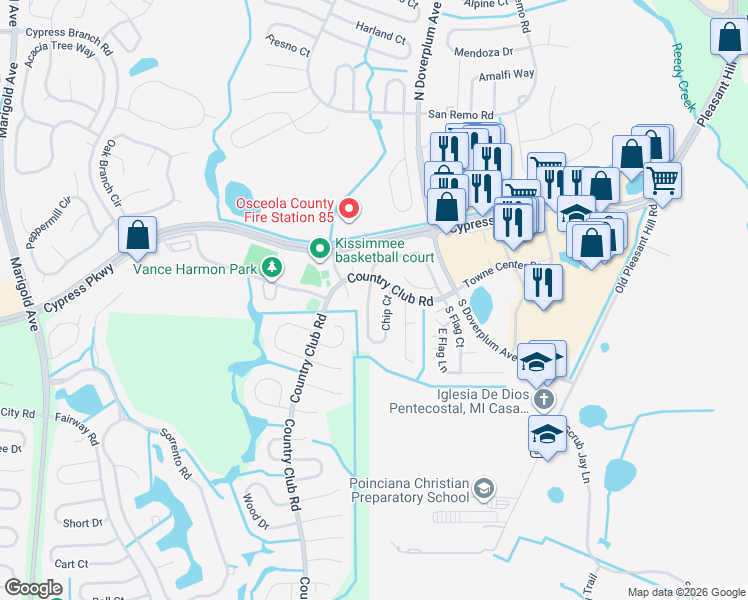 map of restaurants, bars, coffee shops, grocery stores, and more near 14 Chip Court in Kissimmee