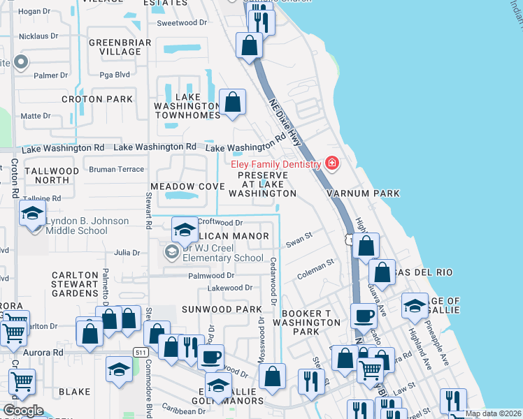 map of restaurants, bars, coffee shops, grocery stores, and more near 1252 Croftwood Drive in Melbourne