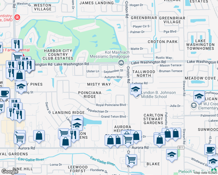 map of restaurants, bars, coffee shops, grocery stores, and more near 2241 Misty Way Lane in Melbourne