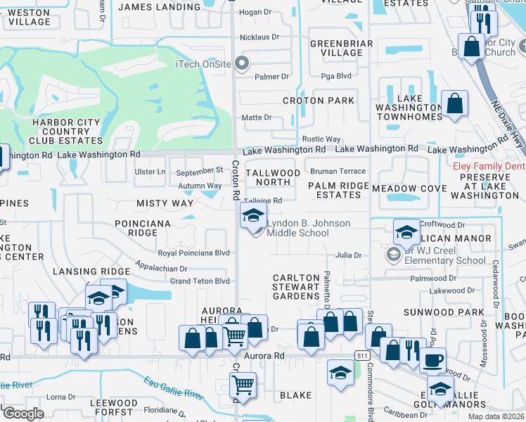 map of restaurants, bars, coffee shops, grocery stores, and more near 2091 Foxwood Drive in Melbourne