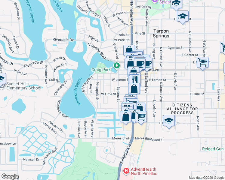 map of restaurants, bars, coffee shops, grocery stores, and more near 111 West Lime Street in Tarpon Springs