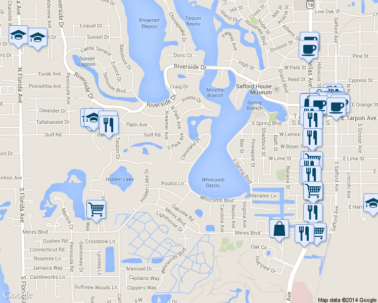 map of restaurants, bars, coffee shops, grocery stores, and more near 1500 Sunset Road in Tarpon Springs