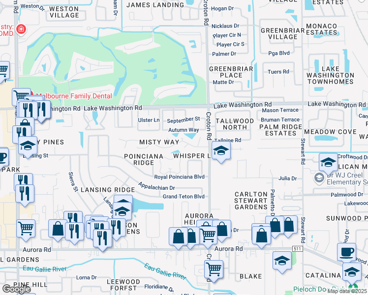 map of restaurants, bars, coffee shops, grocery stores, and more near 2201 Breezy Circle in Melbourne