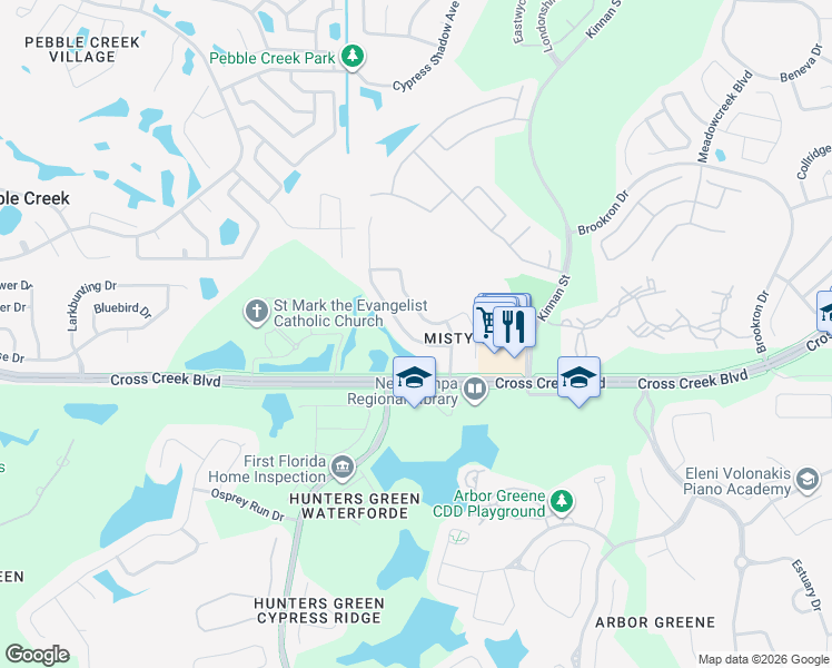 map of restaurants, bars, coffee shops, grocery stores, and more near 18111 Sweet Jasmine Drive in Tampa