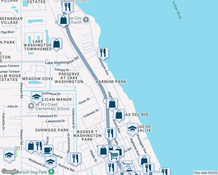 map of restaurants, bars, coffee shops, grocery stores, and more near 2300 Pineapple Avenue in Melbourne