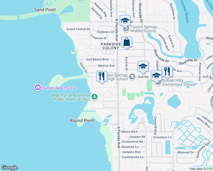map of restaurants, bars, coffee shops, grocery stores, and more near 1430 Coburn Drive in Tarpon Springs