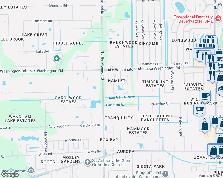 map of restaurants, bars, coffee shops, grocery stores, and more near 2312 Hamlet Drive in Melbourne