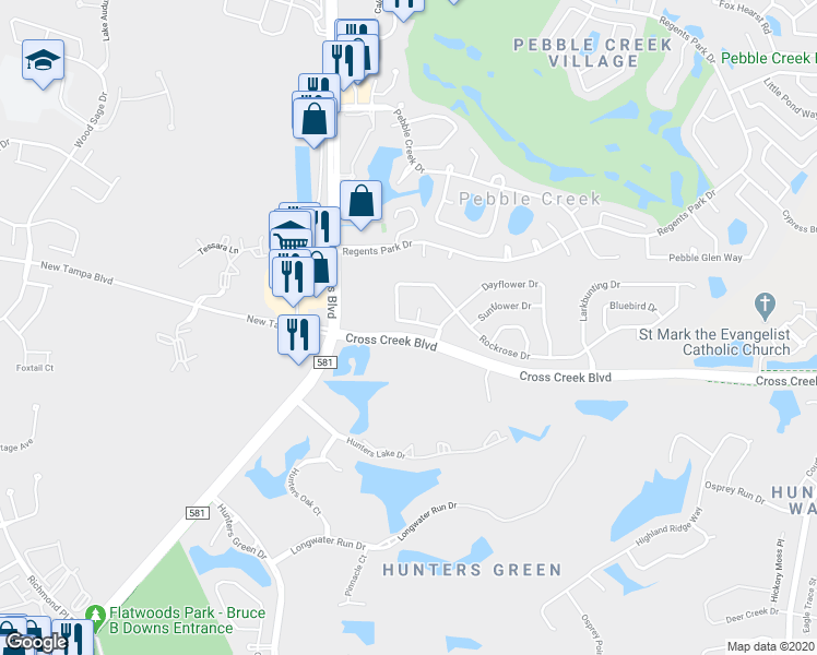 map of restaurants, bars, coffee shops, grocery stores, and more near 9110 Rockrose Drive in Tampa