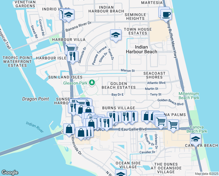 map of restaurants, bars, coffee shops, grocery stores, and more near 208 Harbour Drive West in Satellite Beach
