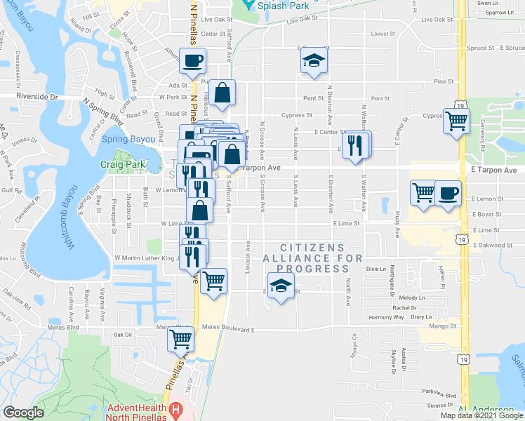 map of restaurants, bars, coffee shops, grocery stores, and more near 409 East Boyer Street in Tarpon Springs