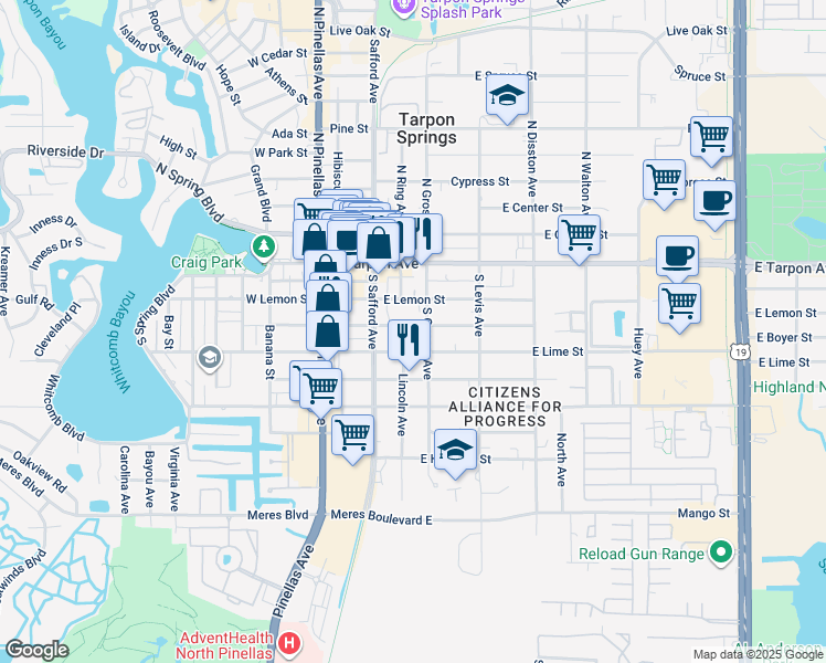 map of restaurants, bars, coffee shops, grocery stores, and more near 303 East Boyer Street in Tarpon Springs