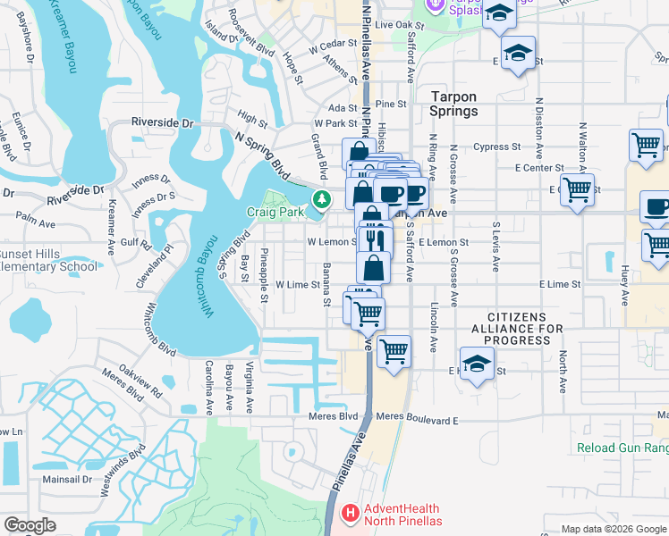 map of restaurants, bars, coffee shops, grocery stores, and more near 44 West Boyer Street in Tarpon Springs