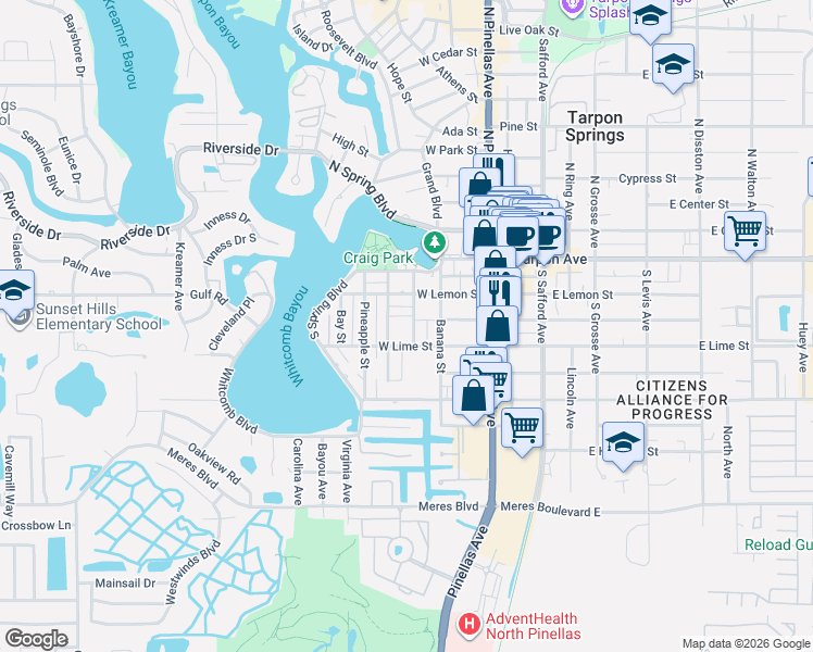 map of restaurants, bars, coffee shops, grocery stores, and more near 219 Bath Street in Tarpon Springs