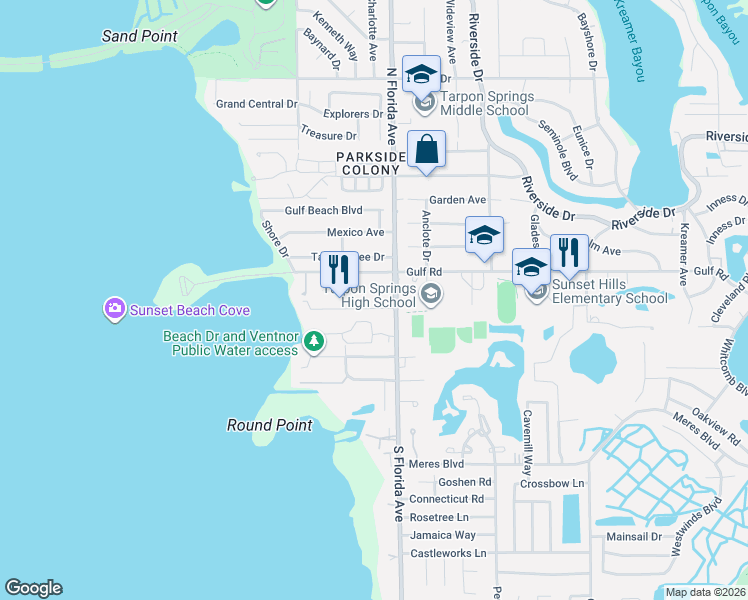 map of restaurants, bars, coffee shops, grocery stores, and more near 1605 Gulf Road in Tarpon Springs