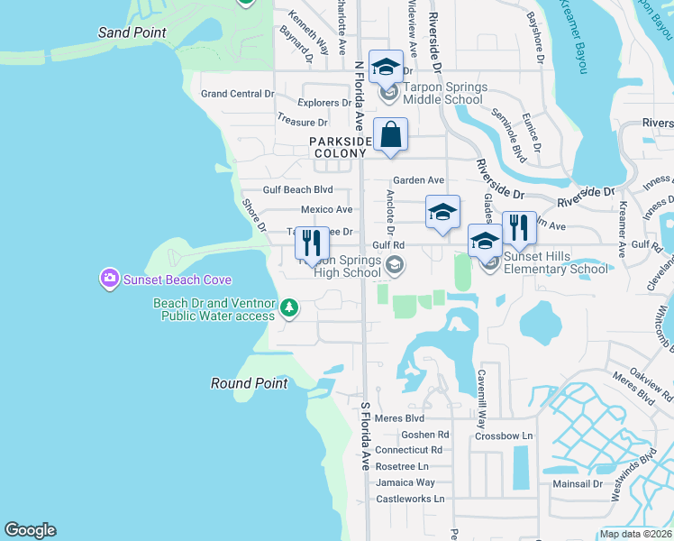 map of restaurants, bars, coffee shops, grocery stores, and more near 1605 Gulf Road in Tarpon Springs