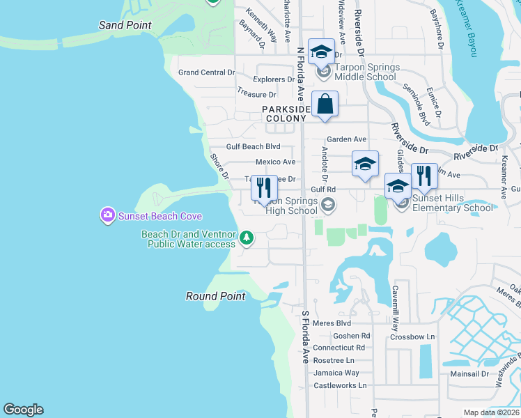 map of restaurants, bars, coffee shops, grocery stores, and more near 1629 Gulf Road in Tarpon Springs
