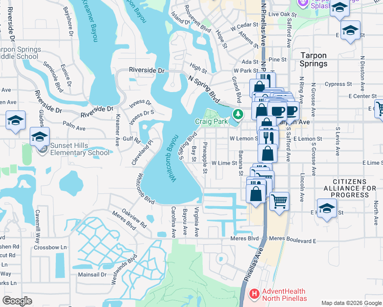 map of restaurants, bars, coffee shops, grocery stores, and more near 310 Bay Street in Tarpon Springs