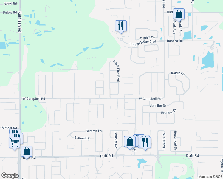 map of restaurants, bars, coffee shops, grocery stores, and more near 7999 Sugar Pine Boulevard in Lakeland