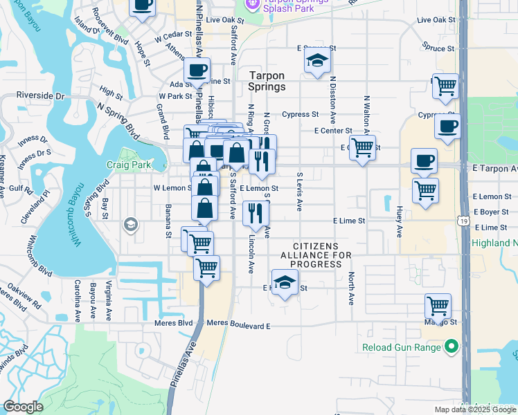 map of restaurants, bars, coffee shops, grocery stores, and more near 316 East Boyer Street in Tarpon Springs