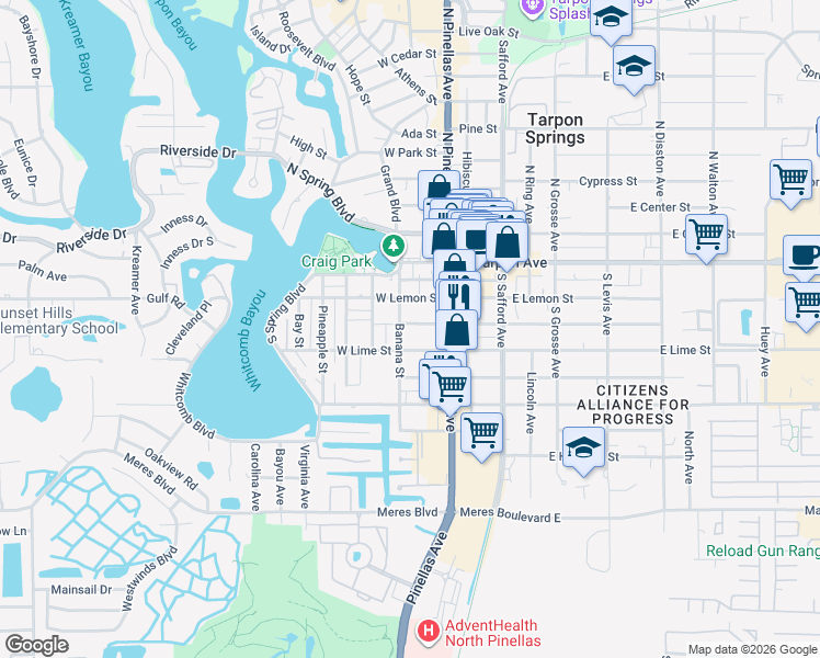 map of restaurants, bars, coffee shops, grocery stores, and more near 44 West Boyer Street in Tarpon Springs