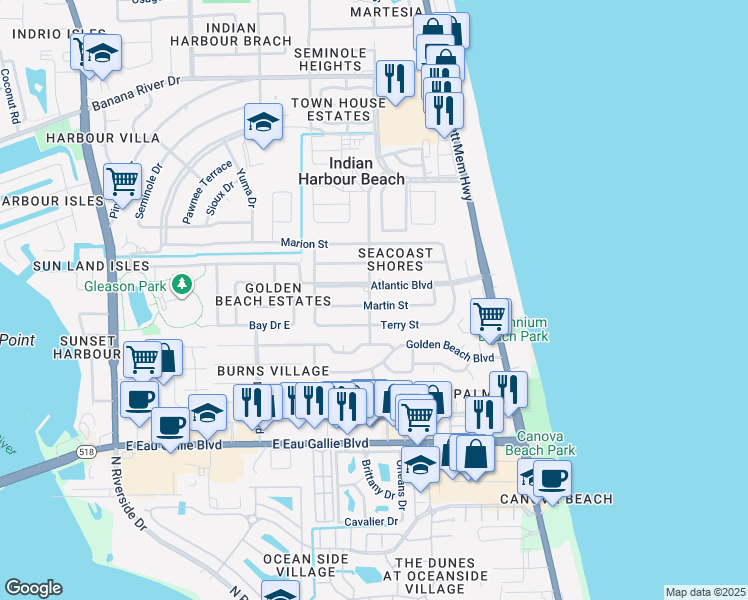 map of restaurants, bars, coffee shops, grocery stores, and more near 125 Atlantic Boulevard in Satellite Beach