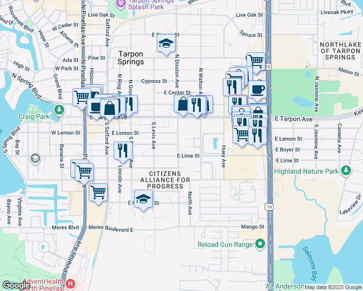 map of restaurants, bars, coffee shops, grocery stores, and more near 301 South Disston Avenue in Tarpon Springs