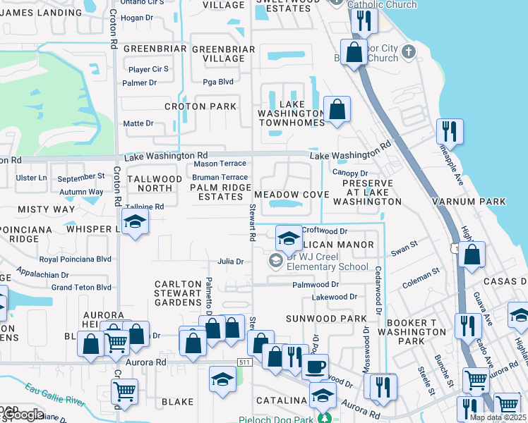 map of restaurants, bars, coffee shops, grocery stores, and more near 1611 Clover Circle in Melbourne
