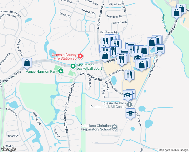 map of restaurants, bars, coffee shops, grocery stores, and more near 713 Flag Way in Kissimmee